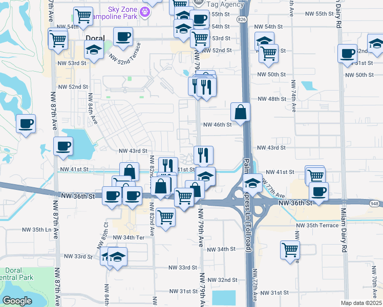 map of restaurants, bars, coffee shops, grocery stores, and more near 4350 Northwest 79th Avenue in Doral