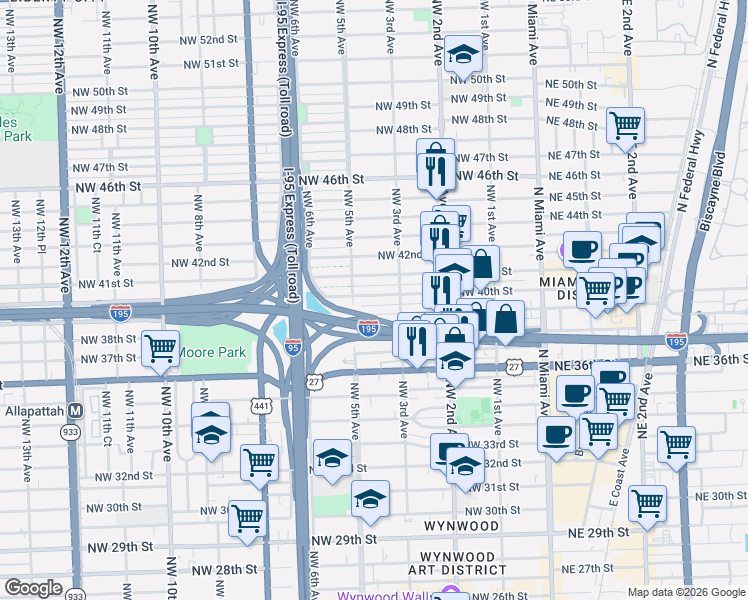 map of restaurants, bars, coffee shops, grocery stores, and more near 315 Northwest 40th Street in Miami