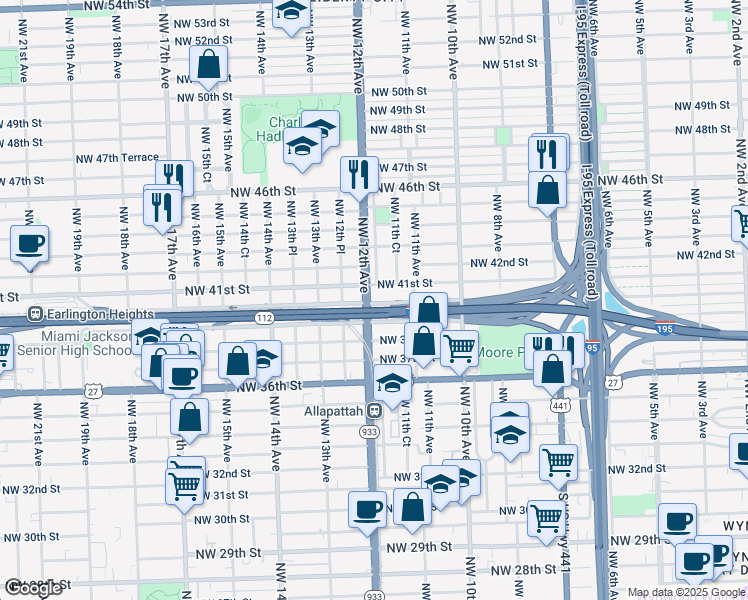 map of restaurants, bars, coffee shops, grocery stores, and more near 1192 Northwest 41st Street in Miami