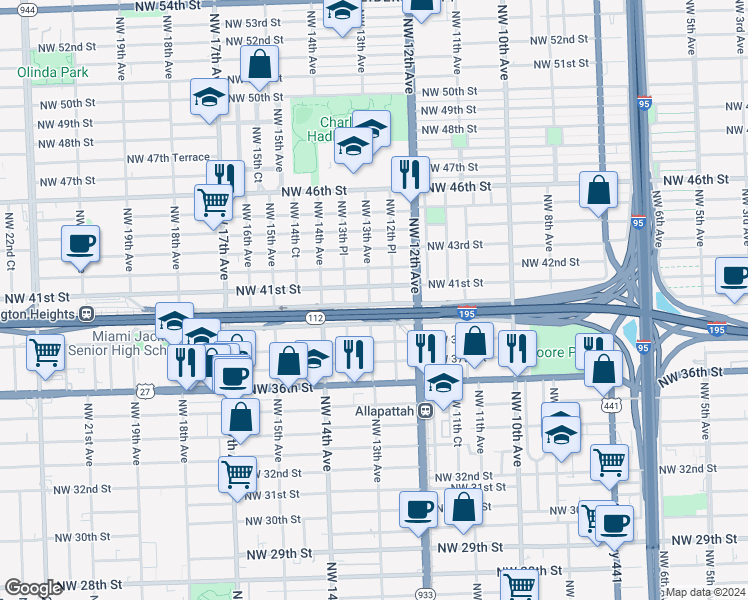 map of restaurants, bars, coffee shops, grocery stores, and more near 1250 Northwest 41st Street in Miami