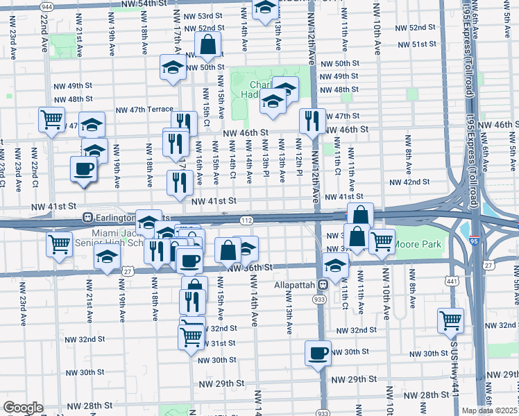 map of restaurants, bars, coffee shops, grocery stores, and more near 4100 Northwest 14th Avenue in Miami