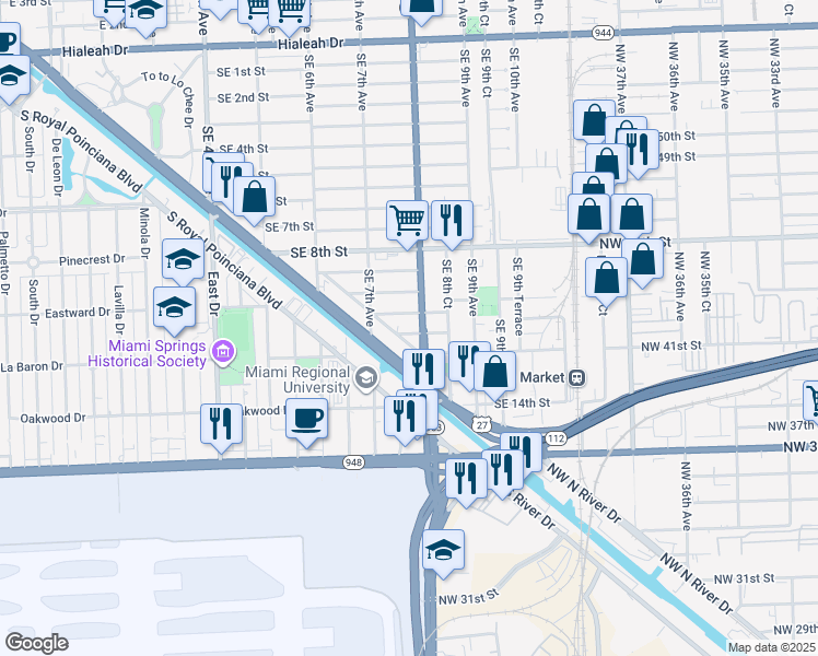 map of restaurants, bars, coffee shops, grocery stores, and more near 1000 Southeast 8th Avenue in Hialeah