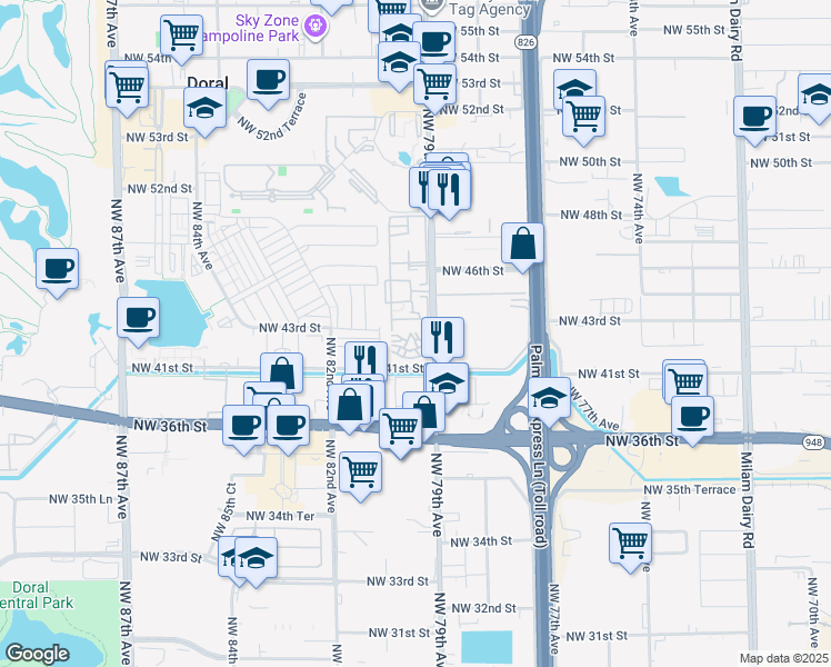 map of restaurants, bars, coffee shops, grocery stores, and more near 4350 Northwest 79th Avenue in Doral