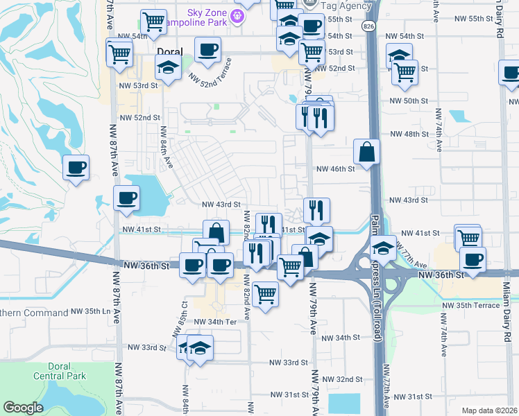 map of restaurants, bars, coffee shops, grocery stores, and more near 4360 Northwest 79th Avenue in Doral