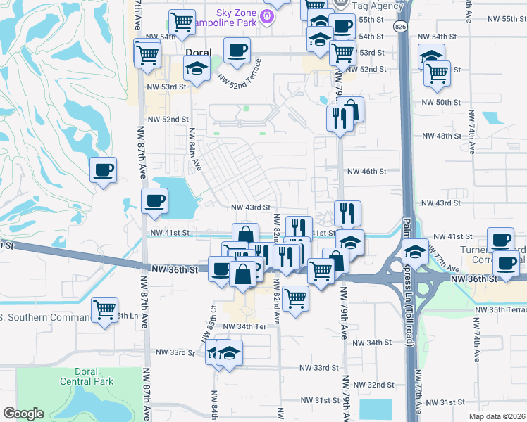 map of restaurants, bars, coffee shops, grocery stores, and more near 8219 Northwest 43rd Terrace in Doral
