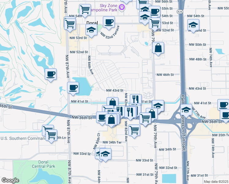 map of restaurants, bars, coffee shops, grocery stores, and more near 7901 Northwest 41st Street in Doral