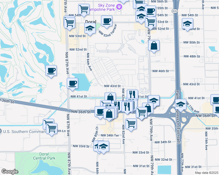 map of restaurants, bars, coffee shops, grocery stores, and more near 7901 Northwest 41st Street in Doral