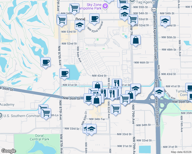 map of restaurants, bars, coffee shops, grocery stores, and more near 7901 Northwest 41st Street in Doral