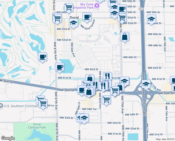 map of restaurants, bars, coffee shops, grocery stores, and more near 7901 Northwest 41st Street in Doral
