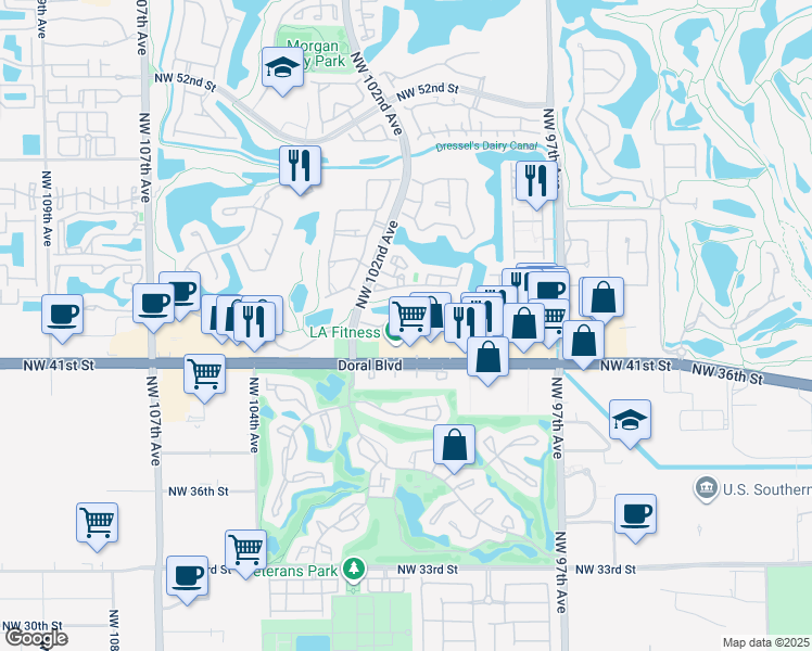 map of restaurants, bars, coffee shops, grocery stores, and more near 10059 Northwest 43rd Terrace in Doral