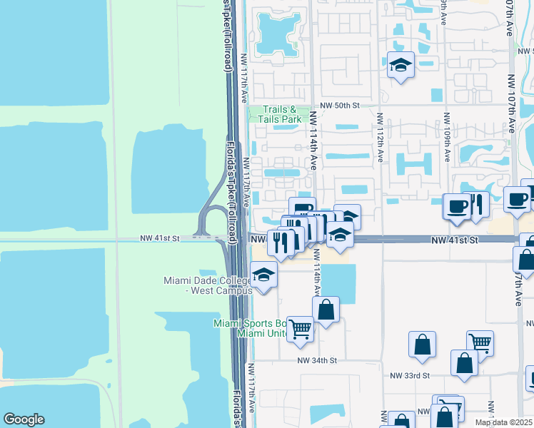 map of restaurants, bars, coffee shops, grocery stores, and more near 11628 Northwest 43rd Terrace in Doral