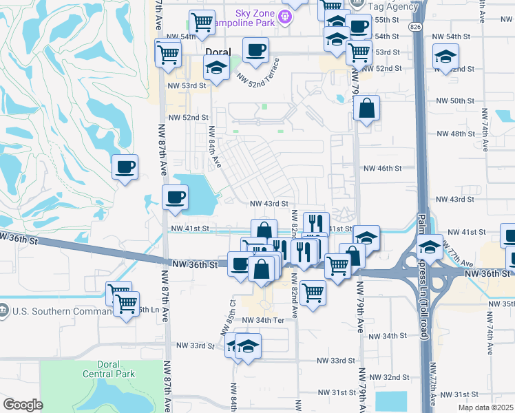 map of restaurants, bars, coffee shops, grocery stores, and more near 7901 Northwest 41st Street in Doral