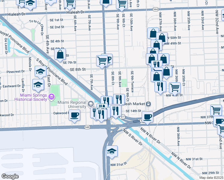 map of restaurants, bars, coffee shops, grocery stores, and more near 1035 Southeast 8th Court in Hialeah