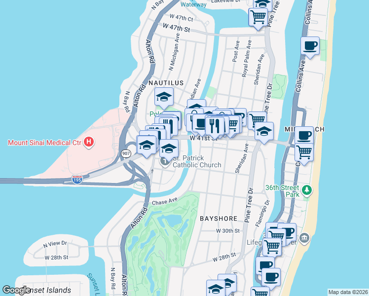map of restaurants, bars, coffee shops, grocery stores, and more near 4035 Meridian Avenue in Miami Beach