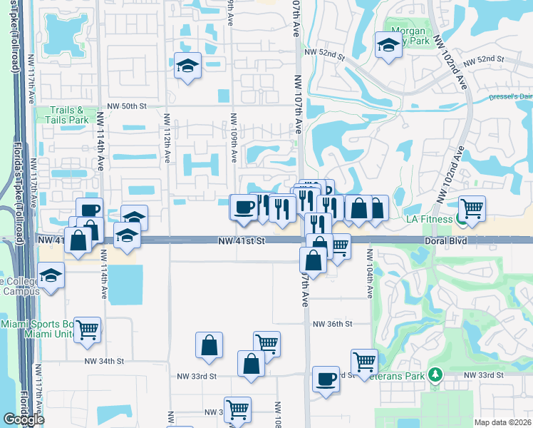 map of restaurants, bars, coffee shops, grocery stores, and more near 69 Northwest 107th Avenue in Doral