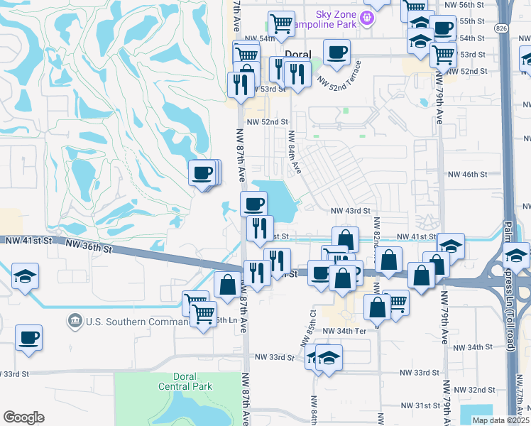 map of restaurants, bars, coffee shops, grocery stores, and more near 4401 Northwest 87th Avenue in Doral