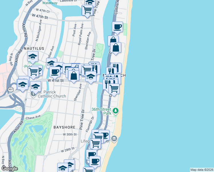 map of restaurants, bars, coffee shops, grocery stores, and more near in Miami Beach