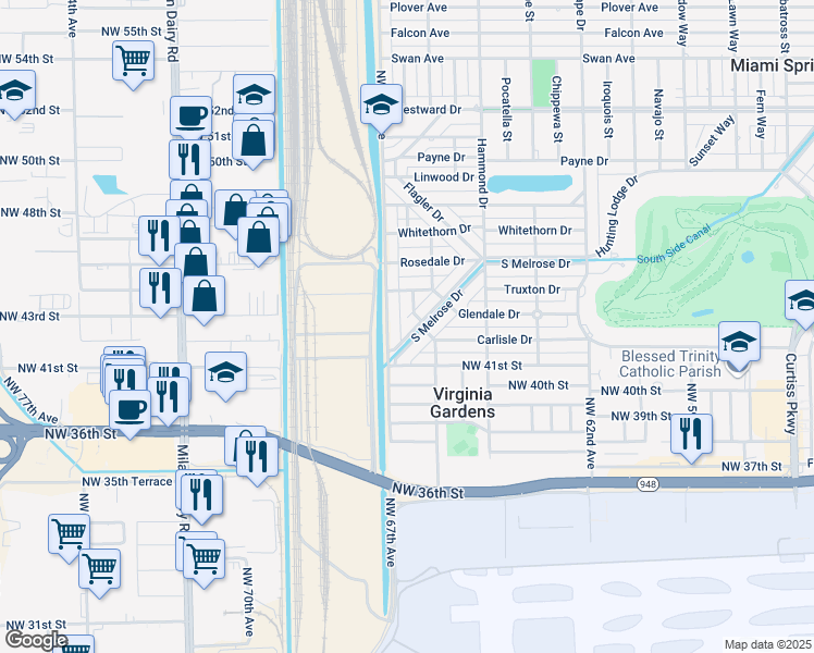 map of restaurants, bars, coffee shops, grocery stores, and more near 379 North Melrose Drive in Miami Springs
