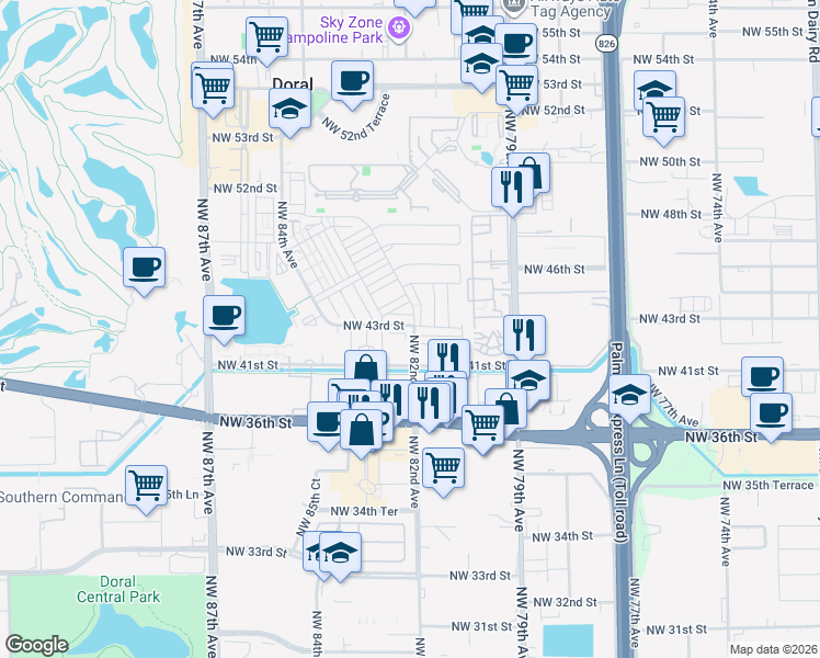 map of restaurants, bars, coffee shops, grocery stores, and more near 8219 Northwest 43rd Terrace in Doral
