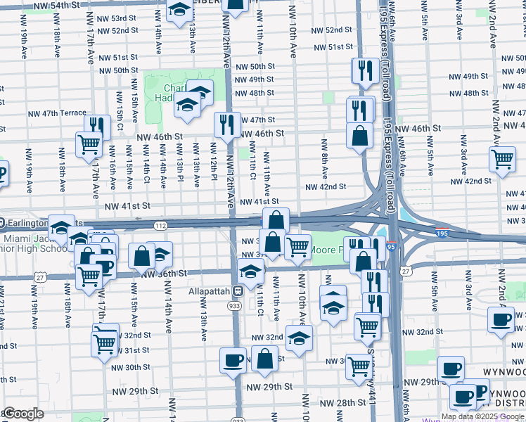map of restaurants, bars, coffee shops, grocery stores, and more near 1101 Northwest 40th Street in Miami
