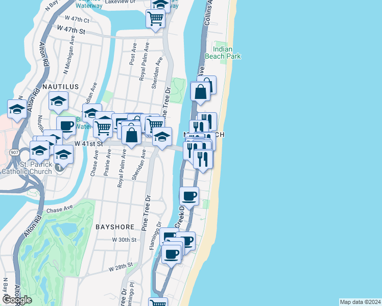 map of restaurants, bars, coffee shops, grocery stores, and more near 770 Indian Creek Drive in Miami Beach