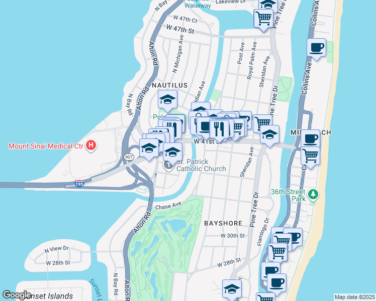 map of restaurants, bars, coffee shops, grocery stores, and more near 4035 Meridian Avenue in Miami Beach