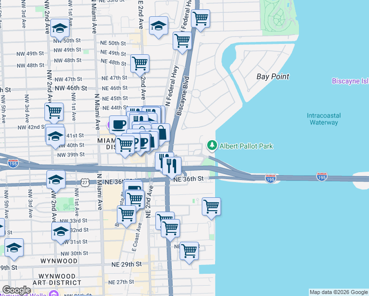 map of restaurants, bars, coffee shops, grocery stores, and more near 440 Northeast 39th Street in Miami