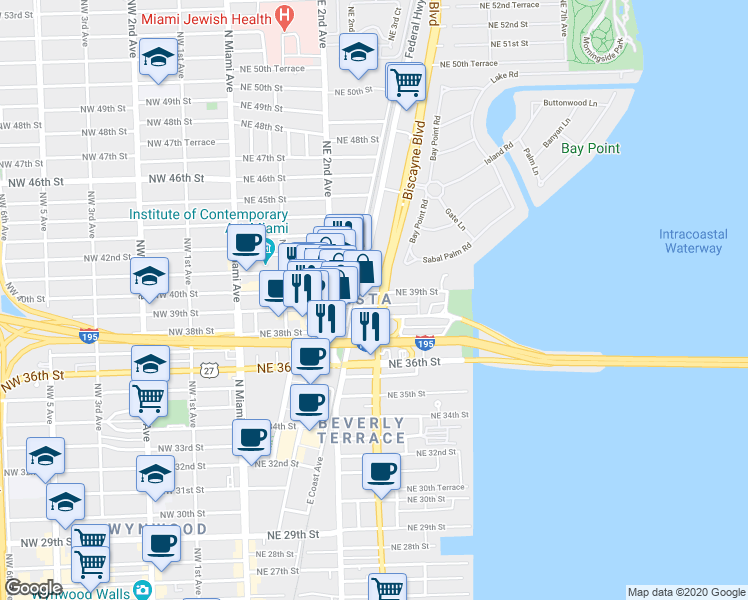 map of restaurants, bars, coffee shops, grocery stores, and more near 10 Federal Highway in Miami