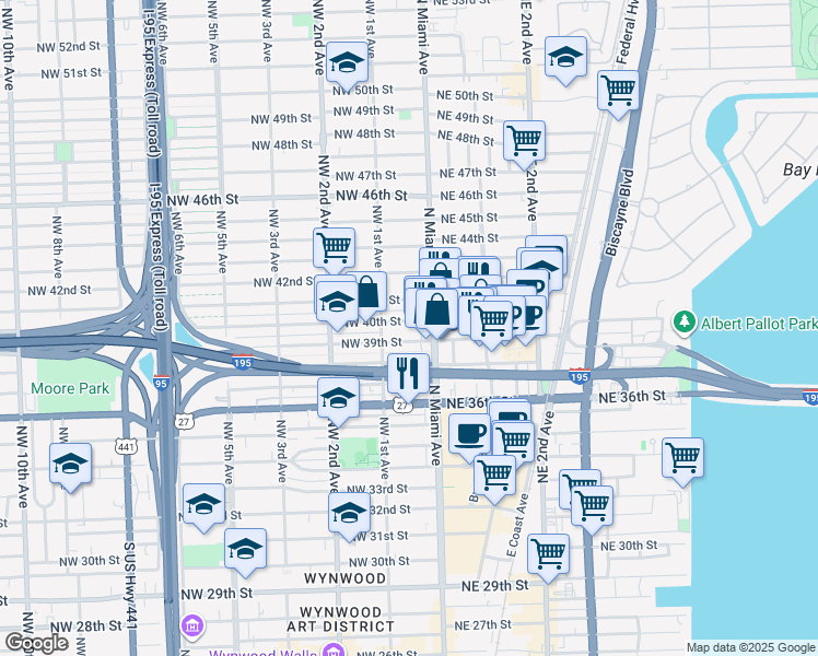 map of restaurants, bars, coffee shops, grocery stores, and more near in Miami