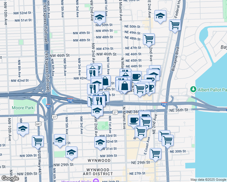 map of restaurants, bars, coffee shops, grocery stores, and more near 97 Northwest 40th Street in Miami