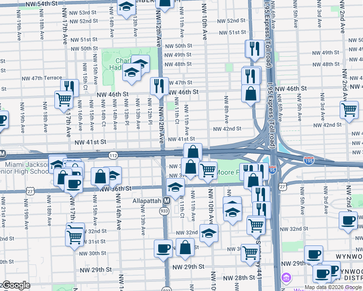 map of restaurants, bars, coffee shops, grocery stores, and more near 1100 Northwest 41st Street in Miami
