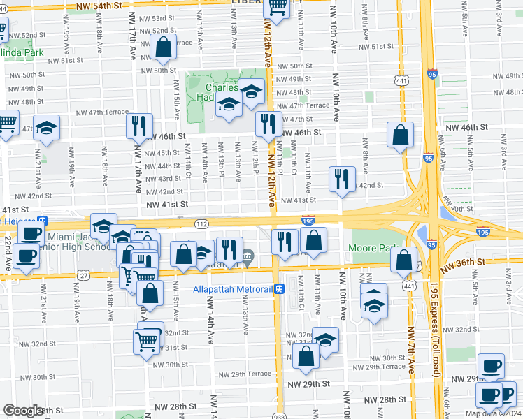 map of restaurants, bars, coffee shops, grocery stores, and more near 1250 Northwest 41st Street in Miami
