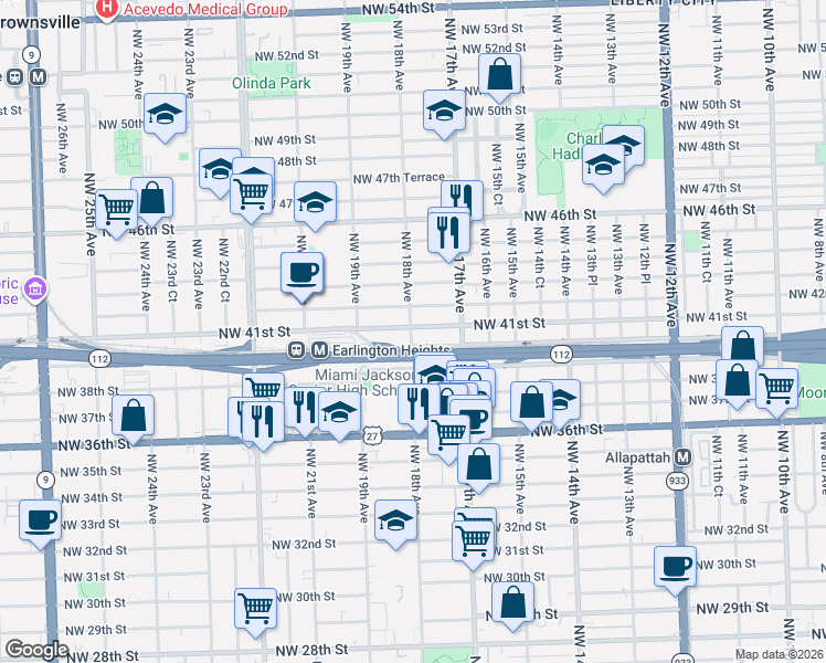 map of restaurants, bars, coffee shops, grocery stores, and more near 1795 Northwest 41st Street in Miami