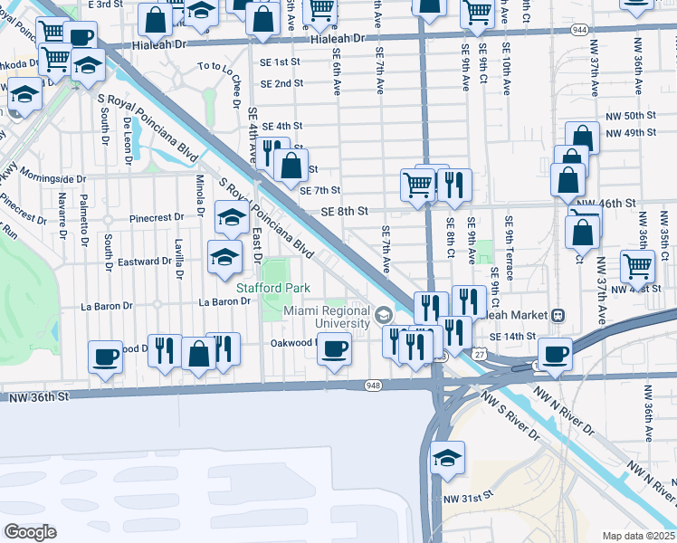 map of restaurants, bars, coffee shops, grocery stores, and more near 501 South Royal Poinciana Boulevard in Miami Springs
