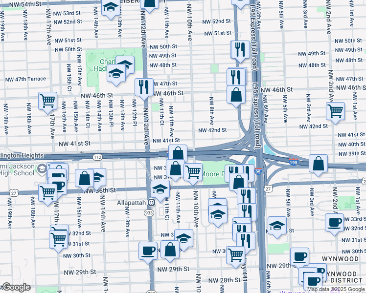 map of restaurants, bars, coffee shops, grocery stores, and more near 1043 Northwest 40th Street in Miami
