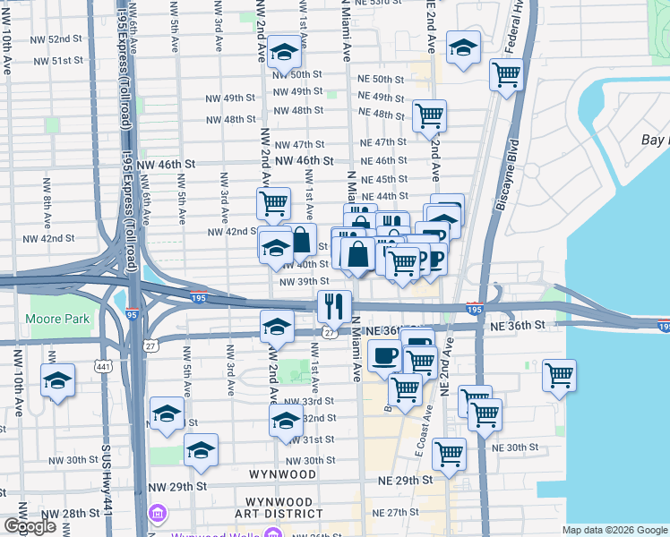 map of restaurants, bars, coffee shops, grocery stores, and more near in Miami