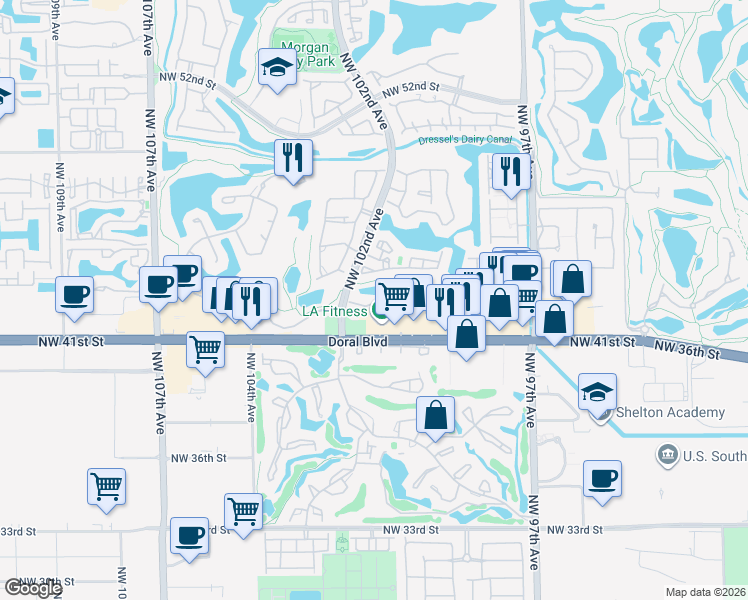 map of restaurants, bars, coffee shops, grocery stores, and more near 10059 Northwest 43rd Terrace in Doral