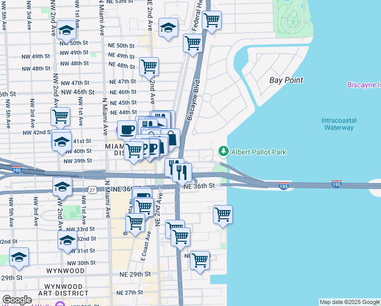 map of restaurants, bars, coffee shops, grocery stores, and more near 412 Northeast 39th Street in Miami