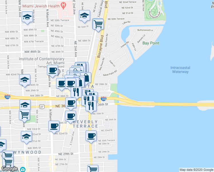 map of restaurants, bars, coffee shops, grocery stores, and more near 531 Northeast 39th Street in Miami