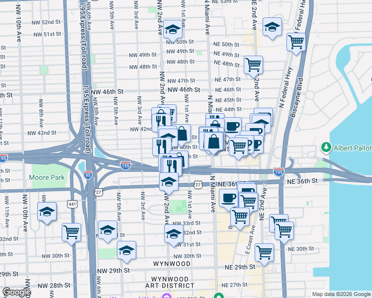 map of restaurants, bars, coffee shops, grocery stores, and more near 97 Northwest 40th Street in Miami