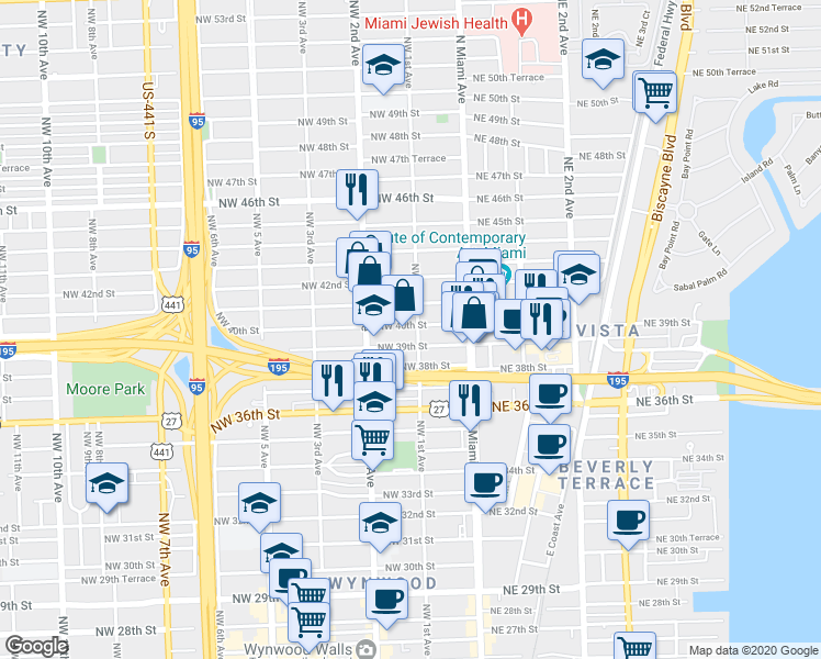 map of restaurants, bars, coffee shops, grocery stores, and more near 97 Northwest 40th Street in Miami