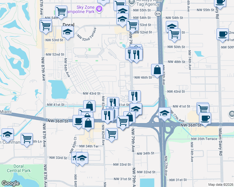 map of restaurants, bars, coffee shops, grocery stores, and more near 4360 Northwest 79th Avenue in Doral