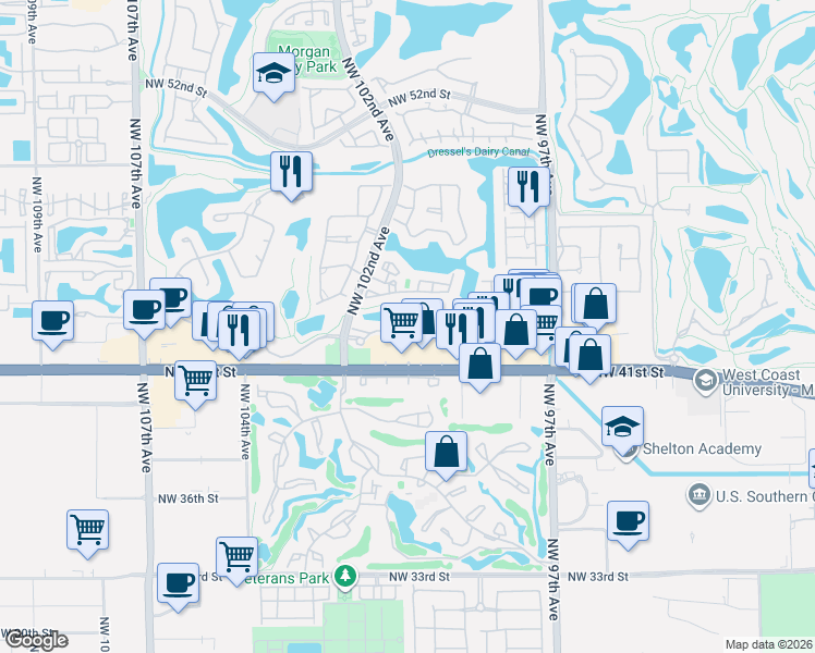 map of restaurants, bars, coffee shops, grocery stores, and more near 10059 Northwest 43rd Terrace in Doral