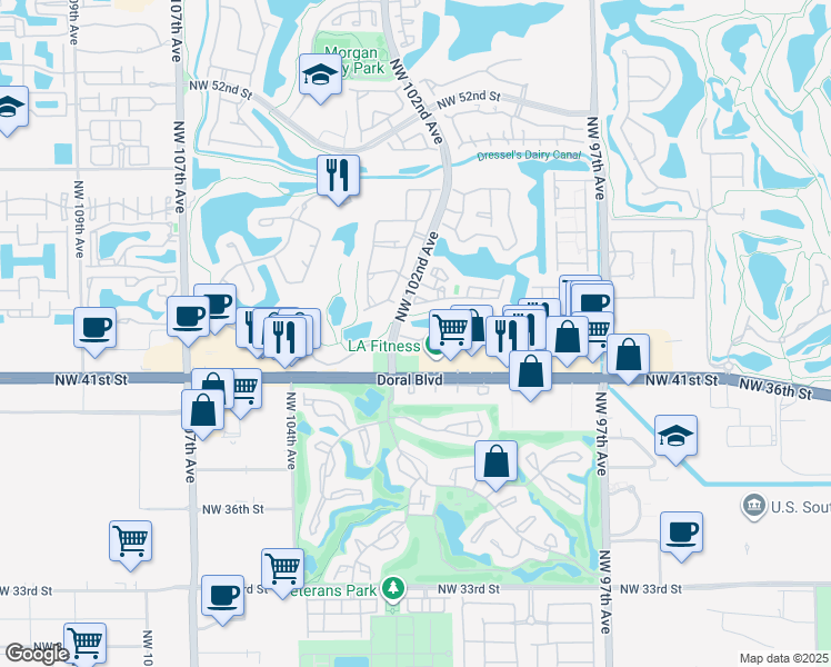 map of restaurants, bars, coffee shops, grocery stores, and more near 10191 Northwest 43rd Terrace in Doral