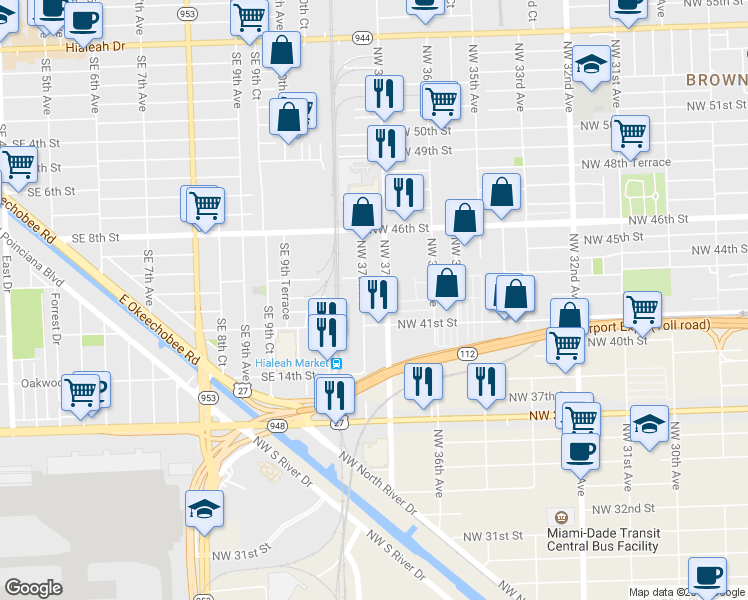 map of restaurants, bars, coffee shops, grocery stores, and more near 4239 Northwest 37th Court in Miami