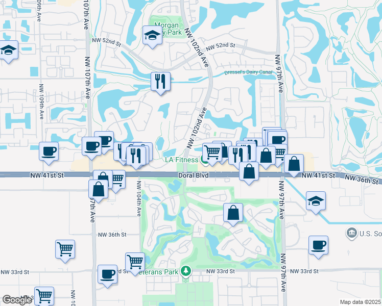 map of restaurants, bars, coffee shops, grocery stores, and more near 10191 Northwest 43rd Terrace in Doral