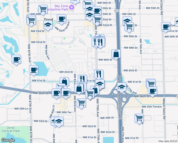 map of restaurants, bars, coffee shops, grocery stores, and more near 4350 Northwest 79th Avenue in Doral