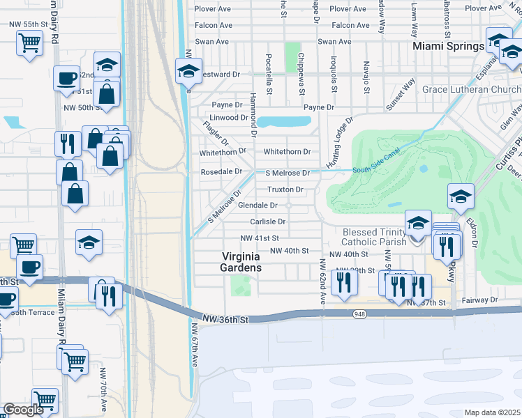 map of restaurants, bars, coffee shops, grocery stores, and more near 180 Glendale Drive in Miami Springs