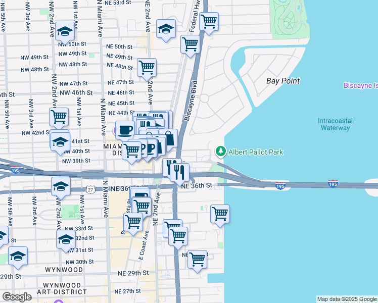 map of restaurants, bars, coffee shops, grocery stores, and more near 440 Northeast 39th Street in Miami