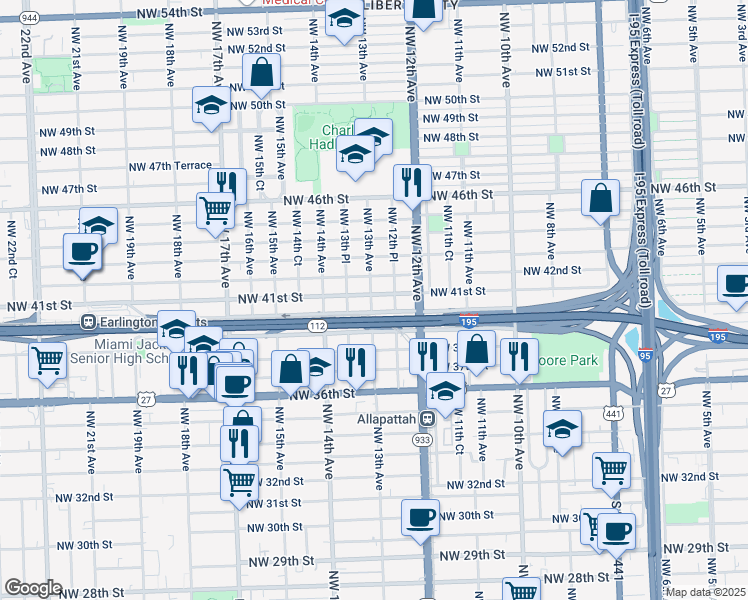 map of restaurants, bars, coffee shops, grocery stores, and more near 1327 Northwest 41st Street in Miami